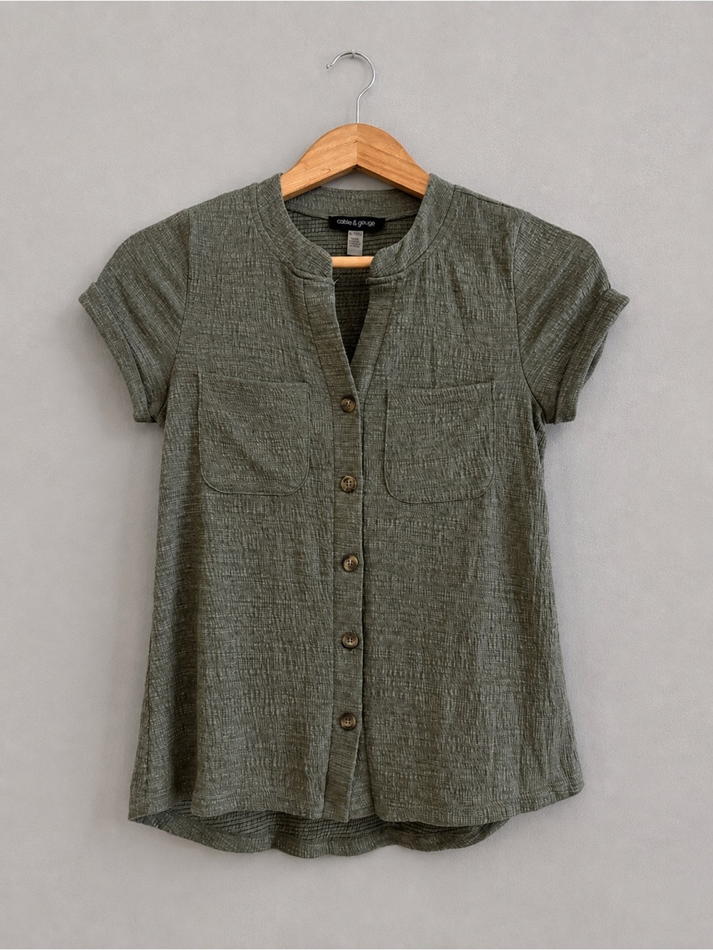 Cable & Gauge Womens XS Olive Textured Button Front Short Sleeve Blouse